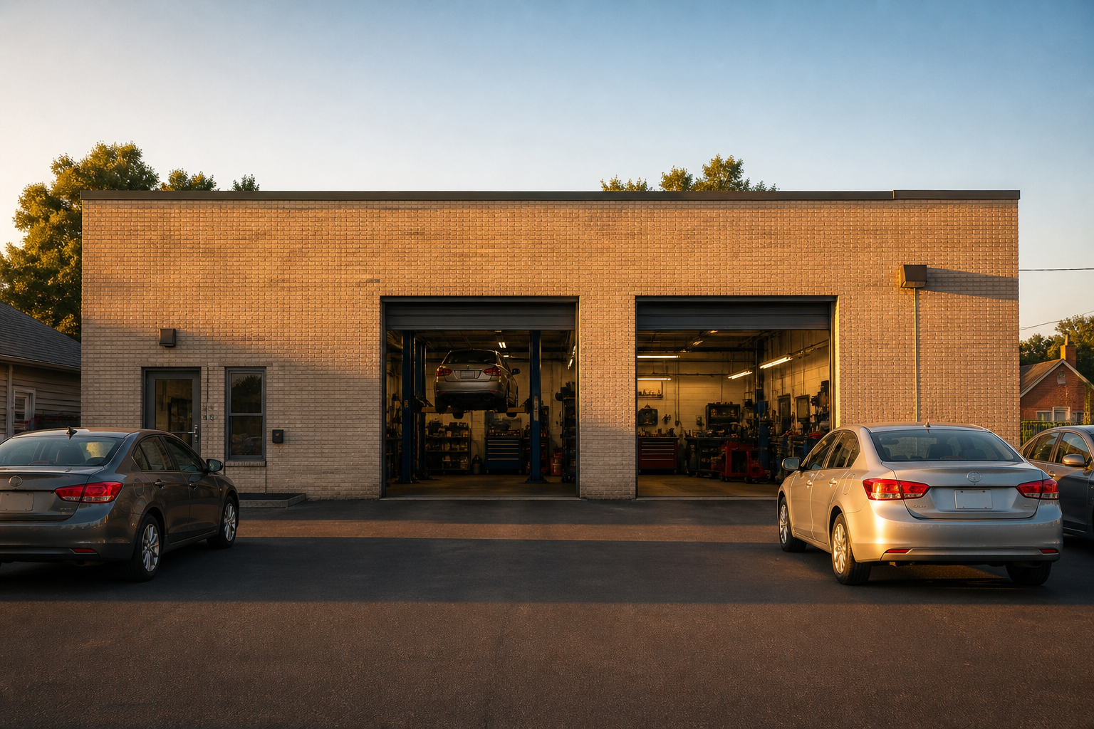Exterior of the AB Auto Repair shop with open service bays in Merriam, KS