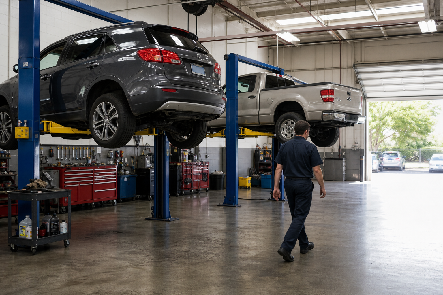Technician working on a vehicle raised on a lift in the AB Auto Repair service bay