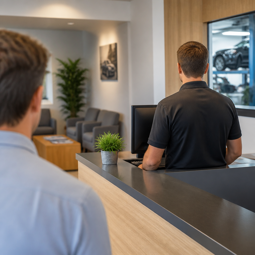 Service advisor helping a customer at the AB Auto Repair front counter